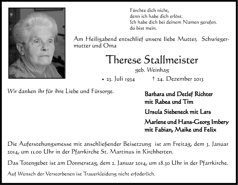  Traueranzeige für Therese Stallmeister vom 28.12.2013 aus Kölner Stadt-Anzeiger / Kölnische Rundschau / Express