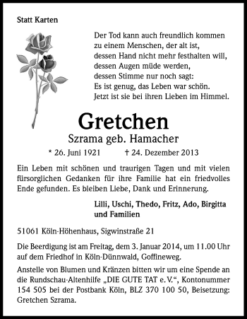 Anzeige von Margarete Szrama von Kölner Stadt-Anzeiger / Kölnische Rundschau / Express