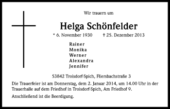 Anzeige von Helga Schönfeld von Kölner Stadt-Anzeiger / Kölnische Rundschau / Express