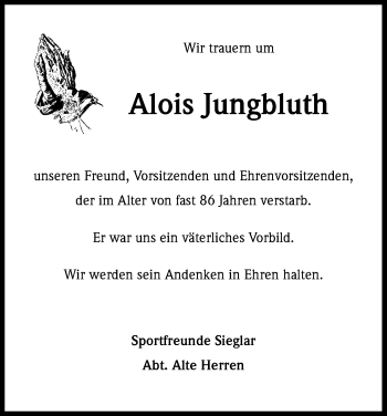 Anzeige von Alois Jungbluth von Kölner Stadt-Anzeiger / Kölnische Rundschau / Express