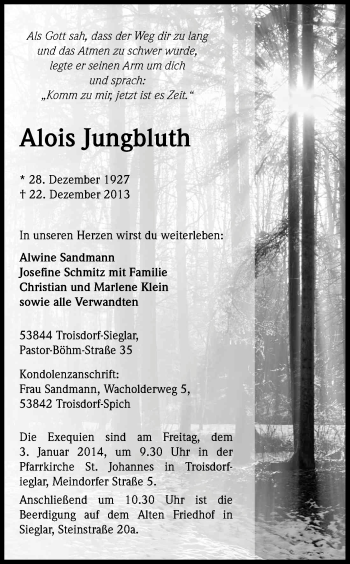 Anzeige von Alois Jungbluth von Kölner Stadt-Anzeiger / Kölnische Rundschau / Express