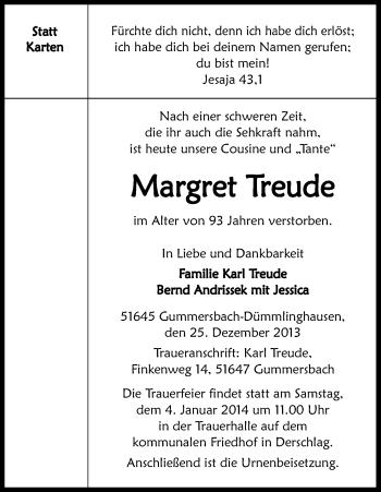 Anzeige von Margret Treude von Kölner Stadt-Anzeiger / Kölnische Rundschau / Express
