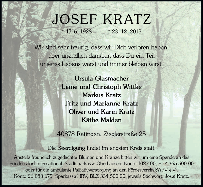  Traueranzeige für Josef Kratz vom 28.12.2013 aus Kölner Stadt-Anzeiger / Kölnische Rundschau / Express