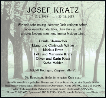 Anzeige von Josef Kratz von Kölner Stadt-Anzeiger / Kölnische Rundschau / Express