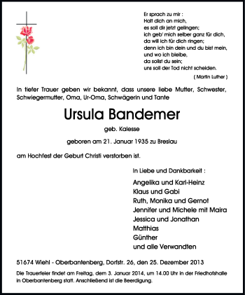 Anzeige von Ursula Bandemer von Kölner Stadt-Anzeiger / Kölnische Rundschau / Express