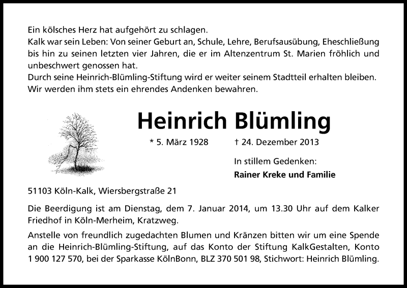  Traueranzeige für Heinrich Blümling vom 28.12.2013 aus Kölner Stadt-Anzeiger / Kölnische Rundschau / Express