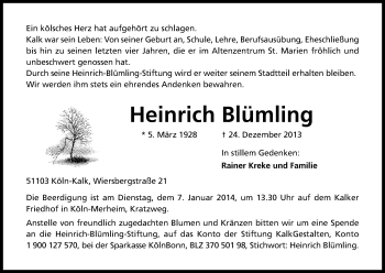 Anzeige von Heinrich Blümling von Kölner Stadt-Anzeiger / Kölnische Rundschau / Express