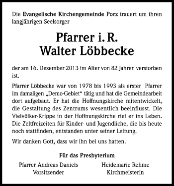 Anzeige von Walter Löbbecke von Kölner Stadt-Anzeiger / Kölnische Rundschau / Express