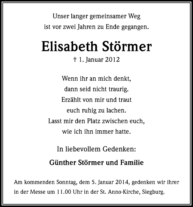  Traueranzeige für Elisabeth Störmer vom 31.12.2013 aus Kölner Stadt-Anzeiger / Kölnische Rundschau / Express
