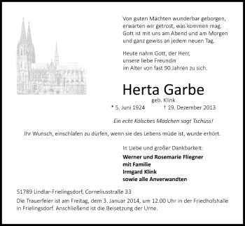 Anzeige von Herta Garbe von Kölner Stadt-Anzeiger / Kölnische Rundschau / Express