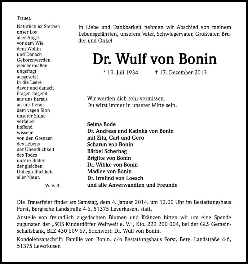  Traueranzeige für Wulf von Bonin vom 28.12.2013 aus Kölner Stadt-Anzeiger / Kölnische Rundschau / Express