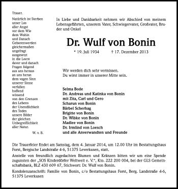Anzeige von Wulf von Bonin von Kölner Stadt-Anzeiger / Kölnische Rundschau / Express