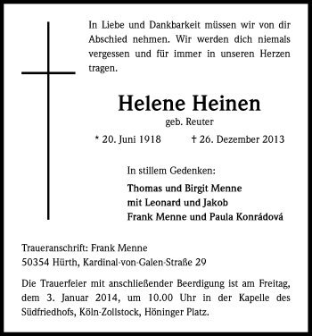 Anzeige von Helene Heinen von Kölner Stadt-Anzeiger / Kölnische Rundschau / Express