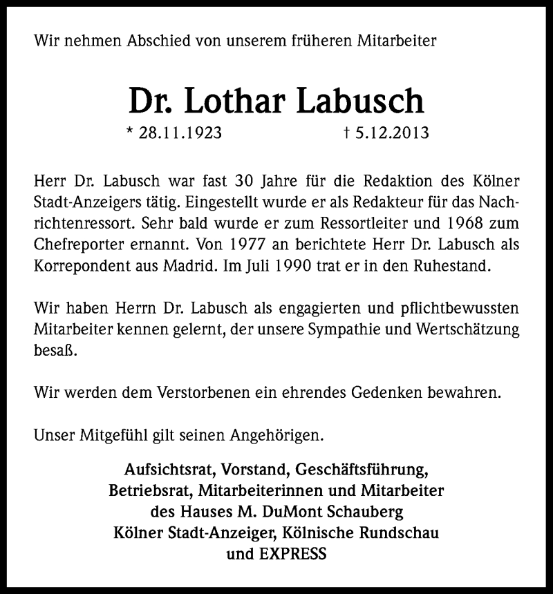  Traueranzeige für Lothar Labusch vom 28.12.2013 aus Kölner Stadt-Anzeiger / Kölnische Rundschau / Express