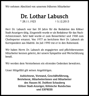 Anzeige von Lothar Labusch von Kölner Stadt-Anzeiger / Kölnische Rundschau / Express