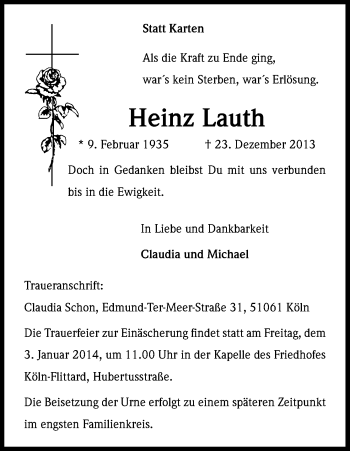 Anzeige von Heinz Lauth von Kölner Stadt-Anzeiger / Kölnische Rundschau / Express
