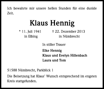 Anzeige von Klaus Hennig von Kölner Stadt-Anzeiger / Kölnische Rundschau / Express