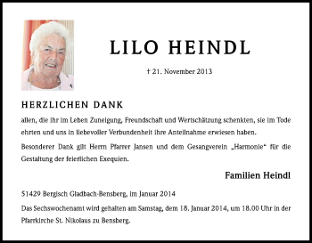 Anzeige von Lilo Heindl von Kölner Stadt-Anzeiger / Kölnische Rundschau / Express
