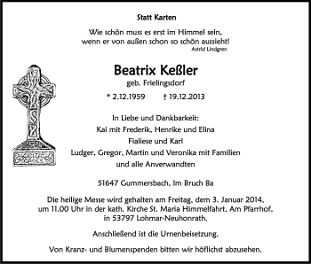 Anzeige von Beatrix Keßler von Kölner Stadt-Anzeiger / Kölnische Rundschau / Express