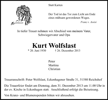 Anzeige von Kurt Wolflast von Kölner Stadt-Anzeiger / Kölnische Rundschau / Express