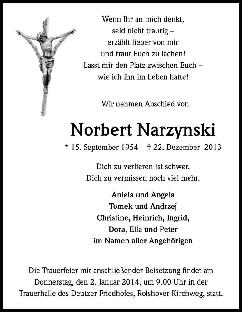  Traueranzeige für Norbert Narzynski vom 30.12.2013 aus Kölner Stadt-Anzeiger / Kölnische Rundschau / Express