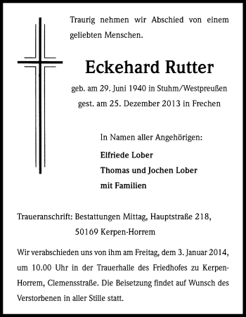Anzeige von Eckehard Rutter von Kölner Stadt-Anzeiger / Kölnische Rundschau / Express