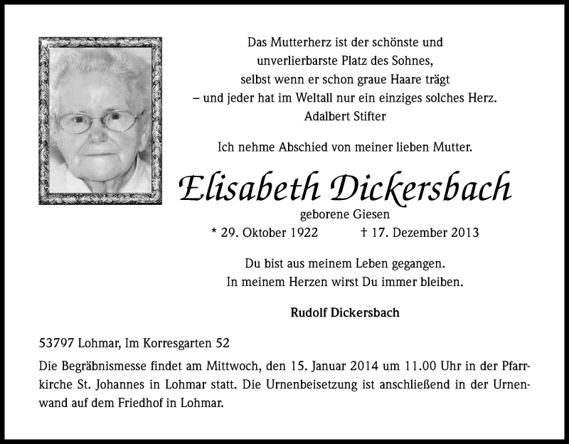  Traueranzeige für Elisabeth Dickersbach vom 04.01.2014 aus Kölner Stadt-Anzeiger / Kölnische Rundschau / Express
