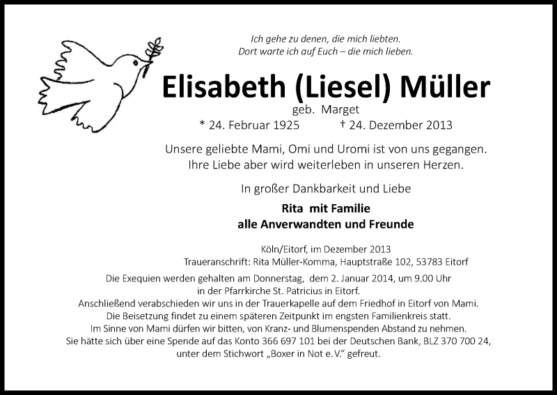  Traueranzeige für Elisabeth Müller vom 31.12.2013 aus Kölner Stadt-Anzeiger / Kölnische Rundschau / Express