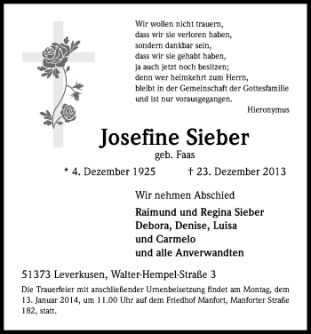 Anzeige von Josefine Sieber von Kölner Stadt-Anzeiger / Kölnische Rundschau / Express