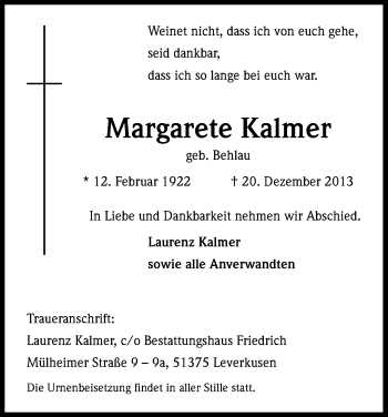 Anzeige von Margarete Kalmer von Kölner Stadt-Anzeiger / Kölnische Rundschau / Express