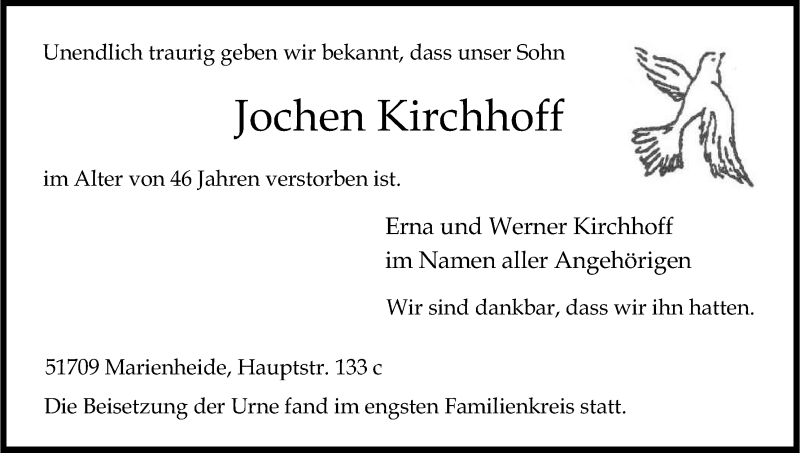 Traueranzeige für Jochen Kirchhoff vom 30.12.2013 aus Kölner Stadt-Anzeiger / Kölnische Rundschau / Express