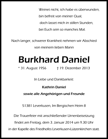 Anzeige von Burkhard Daniel von Kölner Stadt-Anzeiger / Kölnische Rundschau / Express