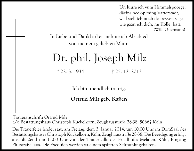  Traueranzeige für Joseph Milz vom 30.12.2013 aus Kölner Stadt-Anzeiger / Kölnische Rundschau / Express