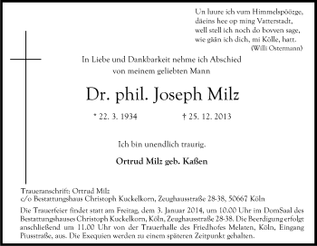 Anzeige von Joseph Milz von Kölner Stadt-Anzeiger / Kölnische Rundschau / Express