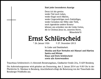 Anzeige von Ernst Schlürscheid von Kölner Stadt-Anzeiger / Kölnische Rundschau / Express