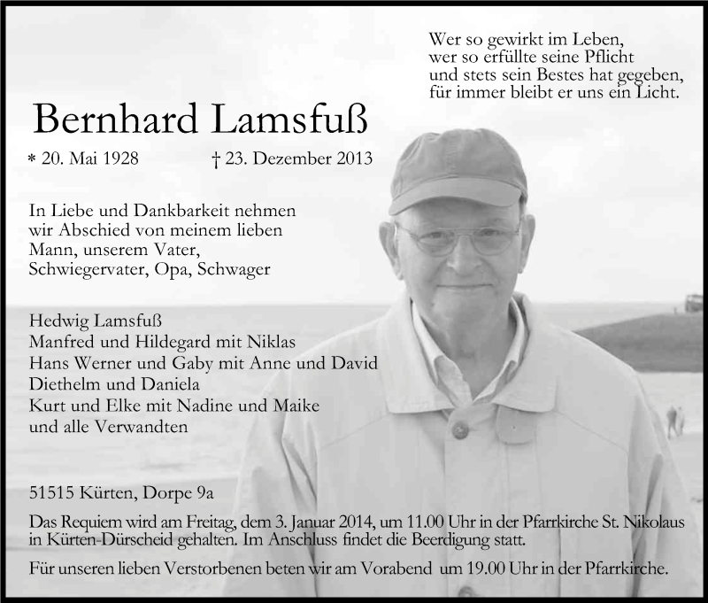  Traueranzeige für Bernhard Lamsfuß vom 31.12.2013 aus Kölner Stadt-Anzeiger / Kölnische Rundschau / Express