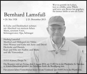 Anzeige von Bernhard Lamsfuß von Kölner Stadt-Anzeiger / Kölnische Rundschau / Express