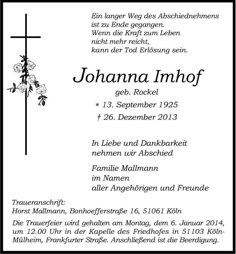  Traueranzeige für Johanna Imhof vom 31.12.2013 aus Kölner Stadt-Anzeiger / Kölnische Rundschau / Express