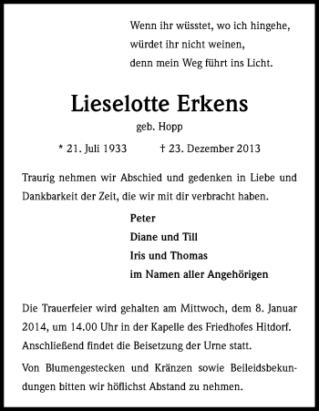 Anzeige von Lieselotte Erkens von Kölner Stadt-Anzeiger / Kölnische Rundschau / Express