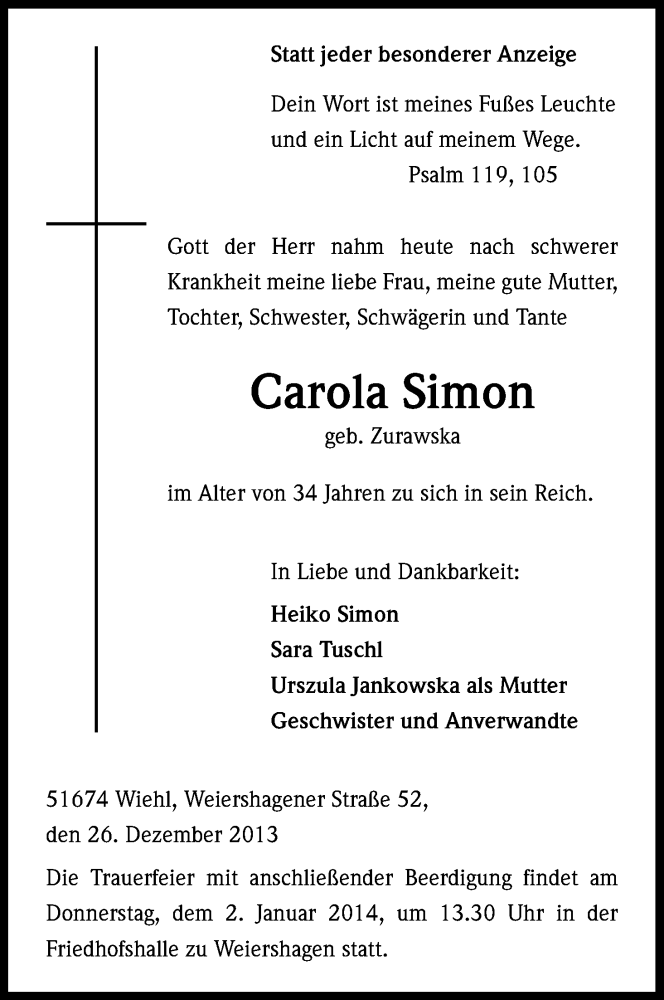  Traueranzeige für Carola Simon vom 30.12.2013 aus Kölner Stadt-Anzeiger / Kölnische Rundschau / Express
