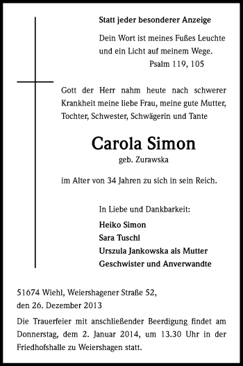 Anzeige von Carola Simon von Kölner Stadt-Anzeiger / Kölnische Rundschau / Express