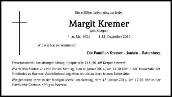 Anzeige von Margit Kremer von Kölner Stadt-Anzeiger / Kölnische Rundschau / Express