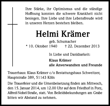 Anzeige von Helmi Krämer von Kölner Stadt-Anzeiger / Kölnische Rundschau / Express