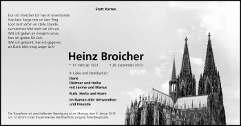 Anzeige von Heinz Broicher von Kölner Stadt-Anzeiger / Kölnische Rundschau / Express