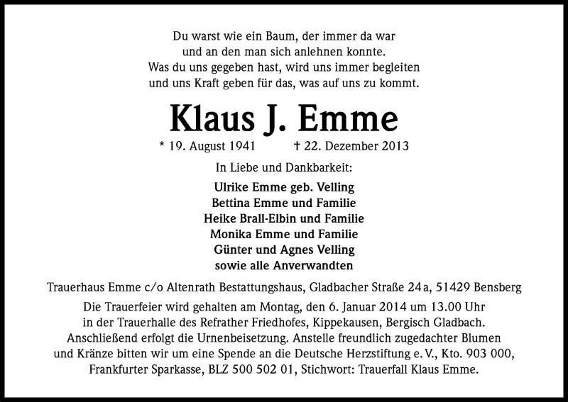  Traueranzeige für Klaus Emme vom 30.12.2013 aus Kölner Stadt-Anzeiger / Kölnische Rundschau / Express
