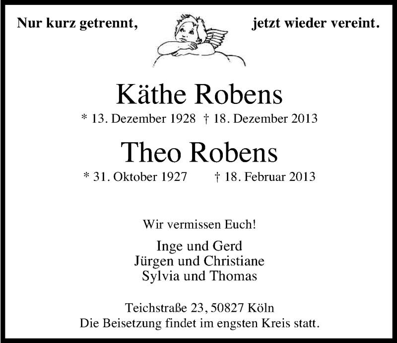  Traueranzeige für Käthe und Theo Robens vom 04.01.2014 aus Kölner Stadt-Anzeiger / Kölnische Rundschau / Express