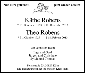 Anzeige von Käthe und Theo Robens von Kölner Stadt-Anzeiger / Kölnische Rundschau / Express
