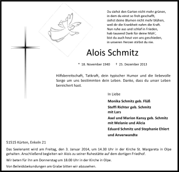 Anzeige von Alois Schmitz von Kölner Stadt-Anzeiger / Kölnische Rundschau / Express