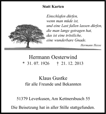 Anzeige von Hermann Oesterwind von Kölner Stadt-Anzeiger / Kölnische Rundschau / Express