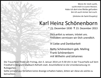 Anzeige von Karl Heinz Schönenborn von Kölner Stadt-Anzeiger / Kölnische Rundschau / Express